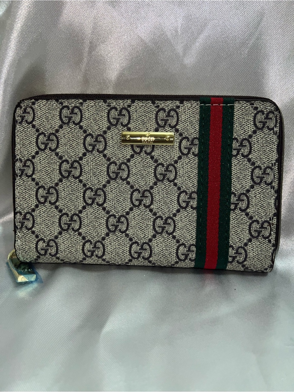 Designer-Inspired Beige Monogram Zip Wallet with Green-Red Web Stripe